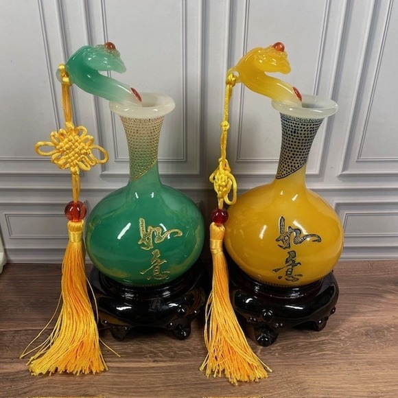 Chinese Resin Peace Ruyi Gourd Ornament Lucky Knot Tassels Decor Set of 2 - Picture 1 of 16